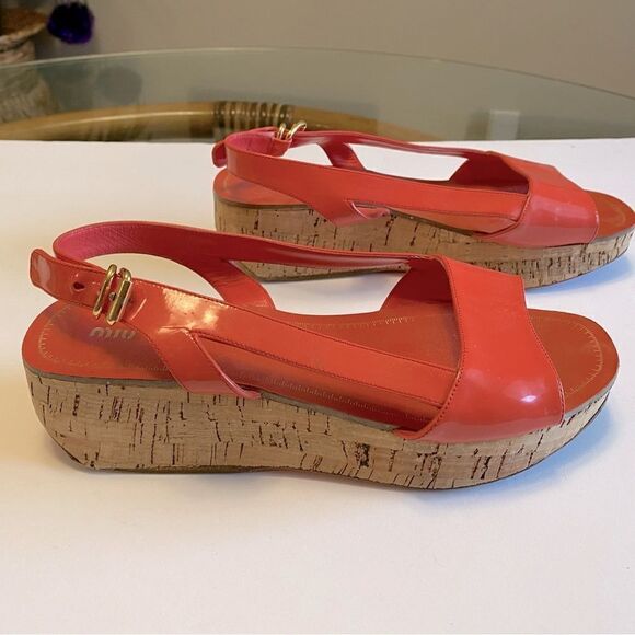 Miu Miu Coral Patent Leather Cork Platform Sandals EU 37.5 Slingback Peep Toe - Picture 2 of 11